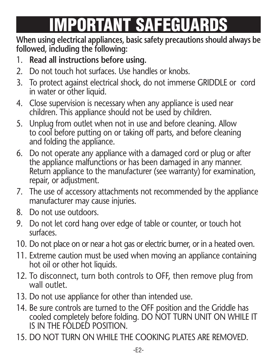 Important safeguards | Rival GRF405 User Manual | Page 2 / 20