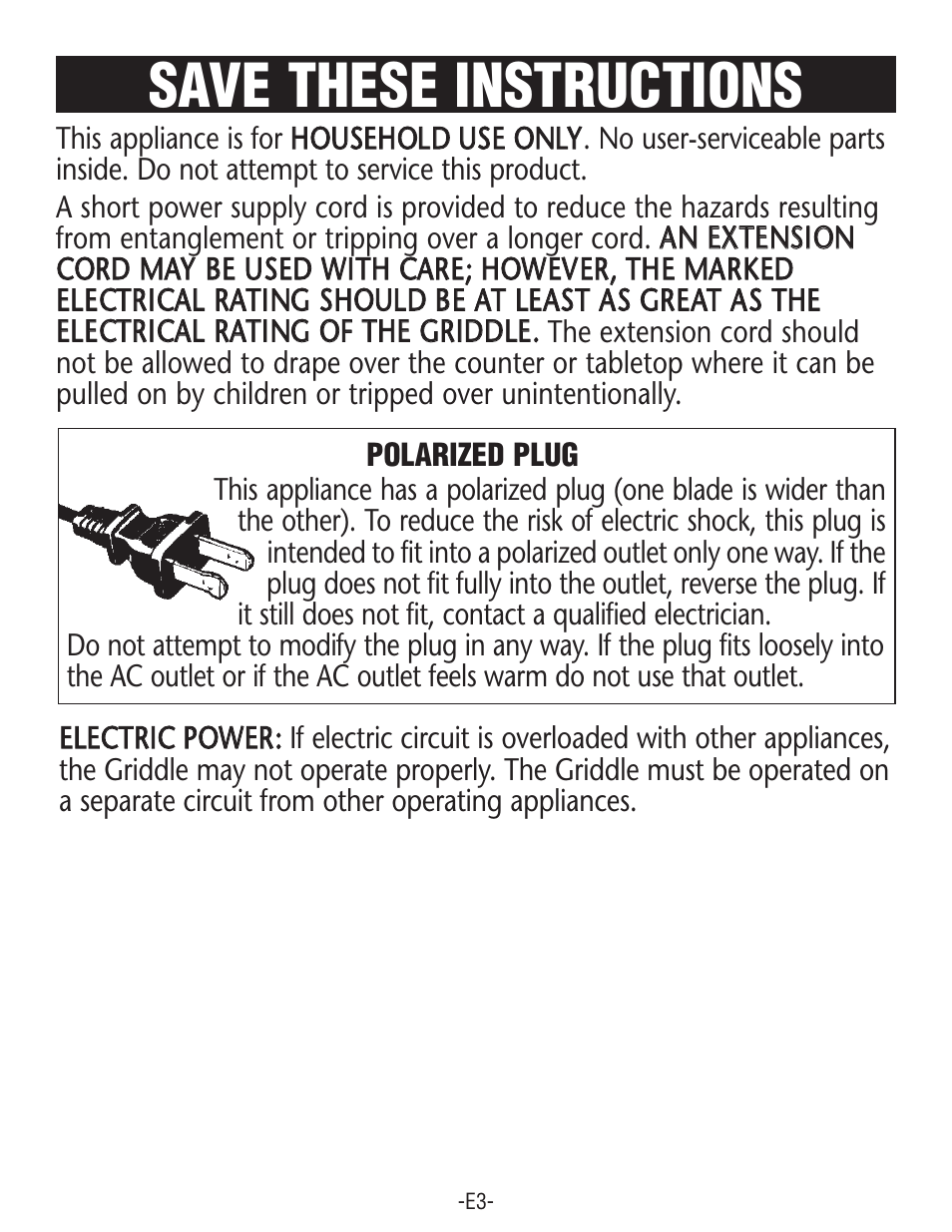 Save these instructions | Rival GRF405 User Manual | Page 3 / 20