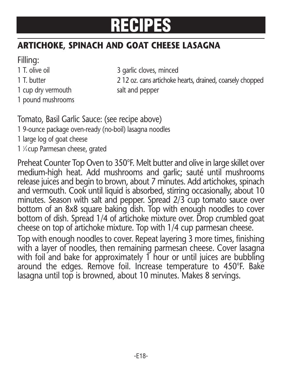 Recipes, Artichoke, spinach and goat cheese lasagna filling, Tomato, basil garlic sauce: (see recipe above) | Rival CO602 User Manual | Page 18 / 24