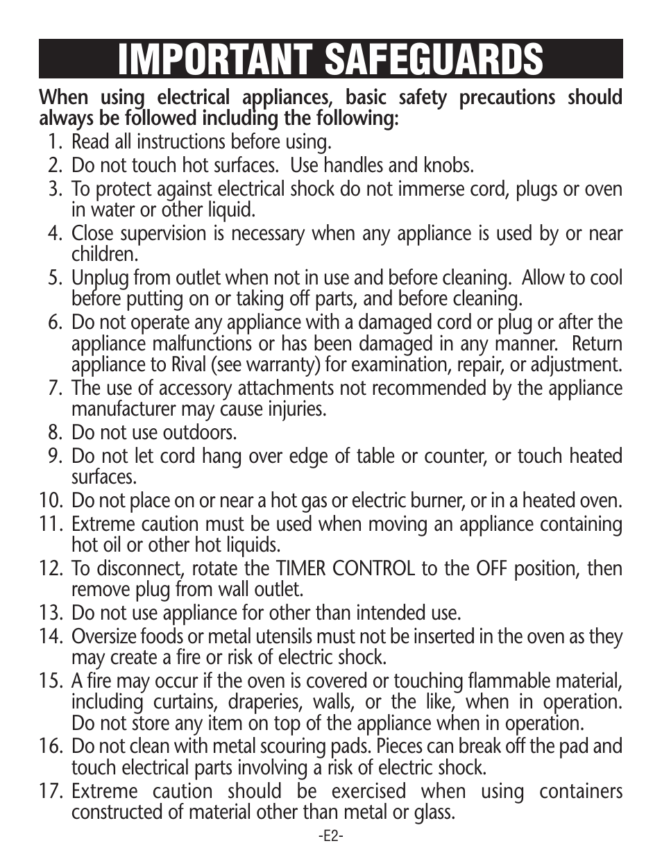 Important safeguards | Rival CO602 User Manual | Page 2 / 24
