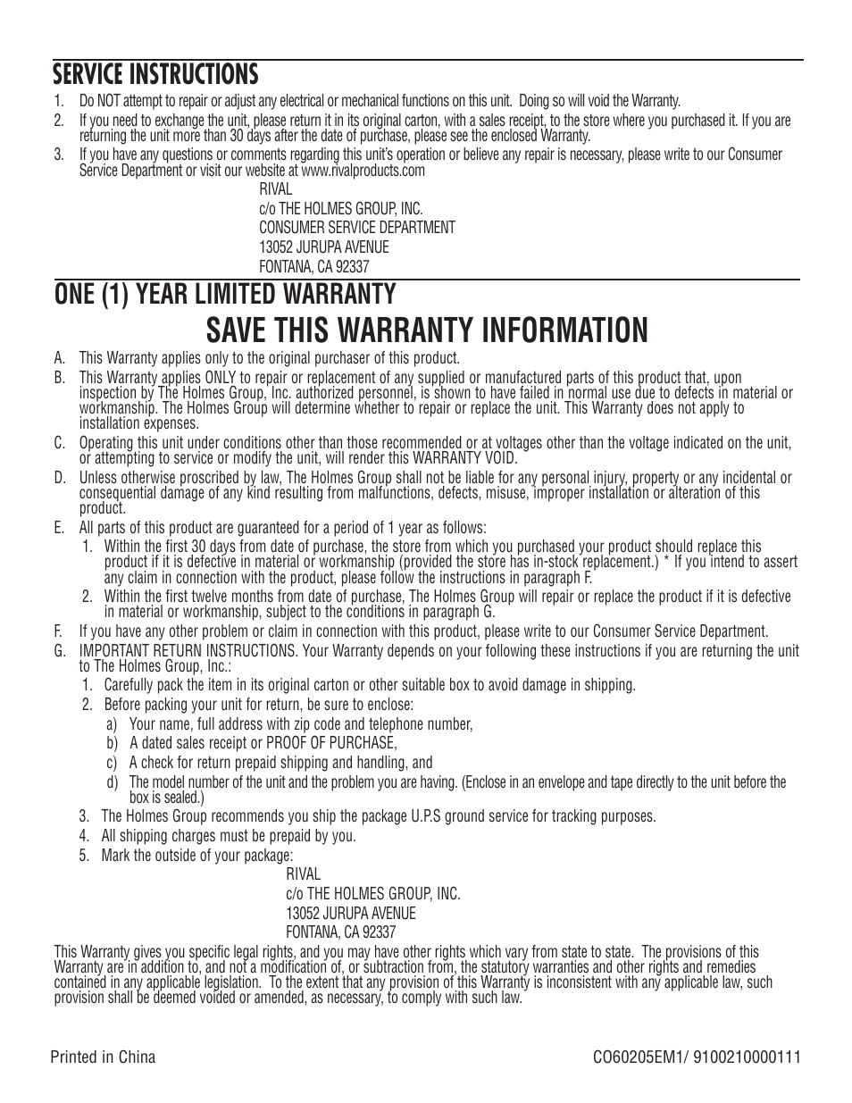 Save this warranty information, One (1) year limited warranty, Service instructions | Rival CO602 User Manual | Page 24 / 24