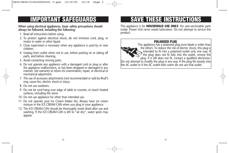 Save these instructions important safeguards | Rival 8806 User Manual | Page 2 / 8