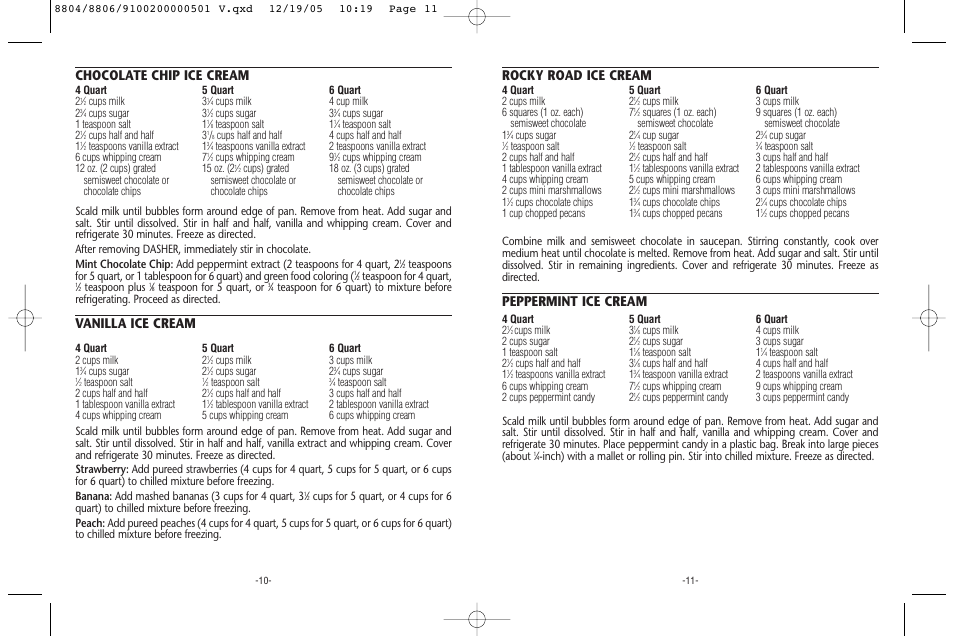 Chocolate chip ice cream, Vanilla ice cream, Rocky road ice cream | Peppermint ice cream, Teaspoon for 4 quart, Teaspoon plus, Teaspoon for 5 quart, or | Rival 8806 User Manual | Page 6 / 8