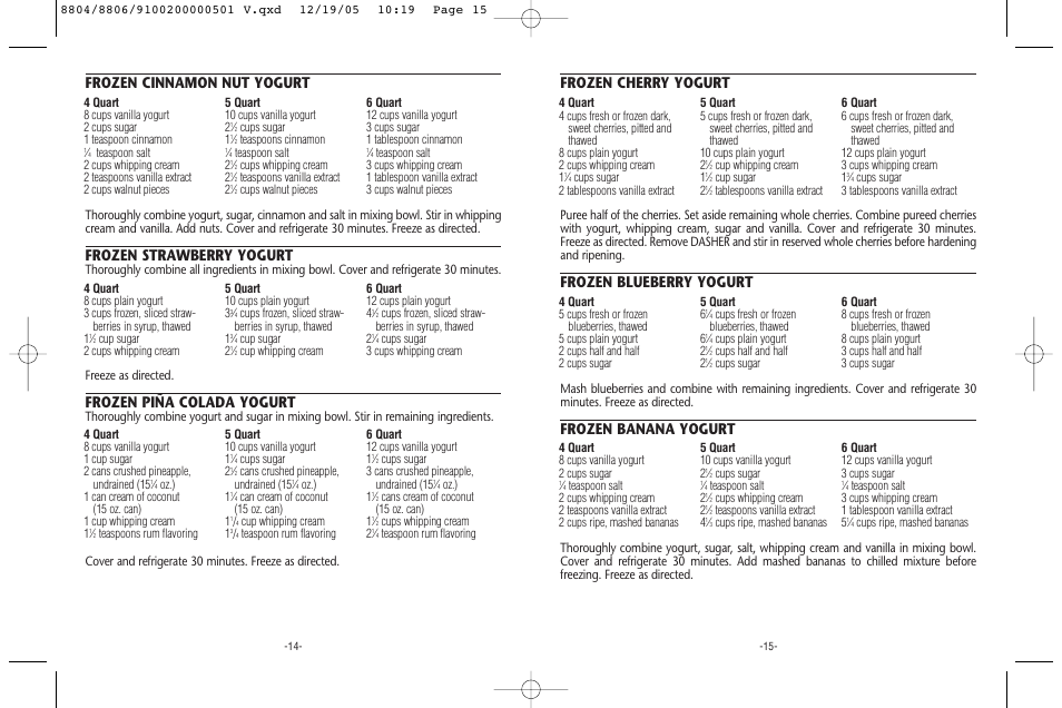 Frozen cinnamon nut yogurt, Frozen strawberry yogurt, Frozen piña colada yogurt | Frozen cherry yogurt, Frozen blueberry yogurt, Frozen banana yogurt | Rival 8806 User Manual | Page 8 / 8