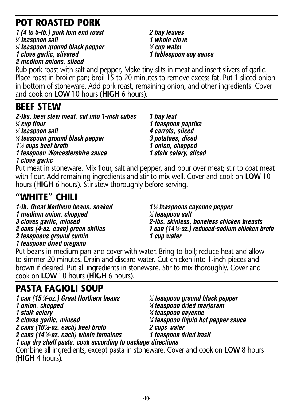 Pot roasted pork, Beef stew, White” chili | Pasta fagioli soup | Rival 3855 User Manual | Page 10 / 14