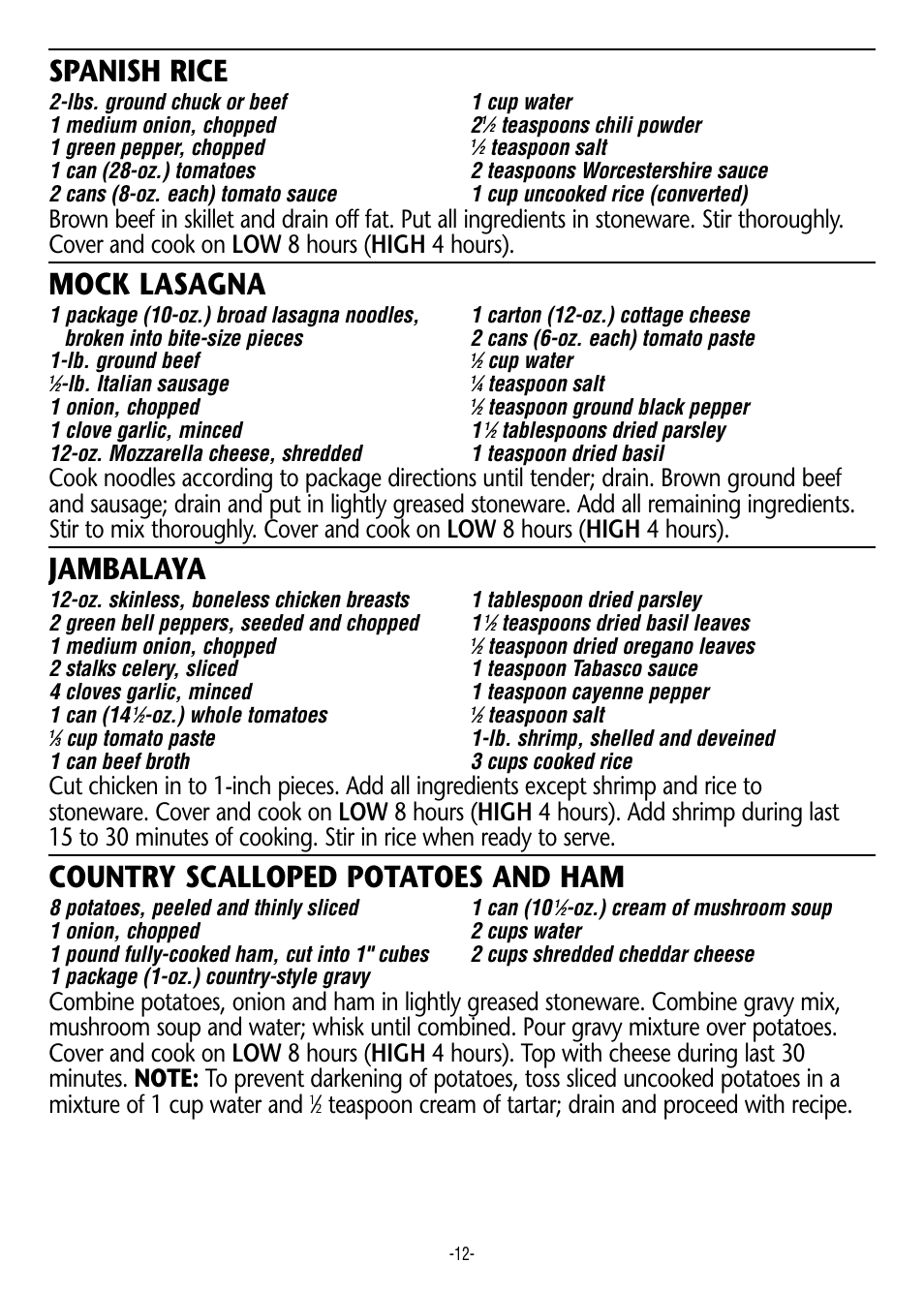 Spanish rice, Mock lasagna, Jambalaya | Country scalloped potatoes and ham | Rival 3855 User Manual | Page 12 / 14