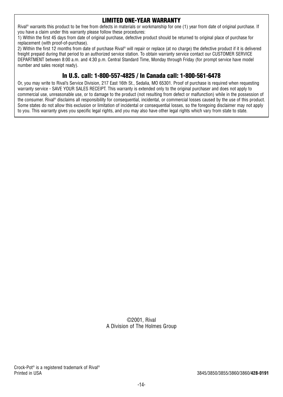 Limited one-year warranty, 2001, rival a division of the holmes group | Rival 3855 User Manual | Page 14 / 14