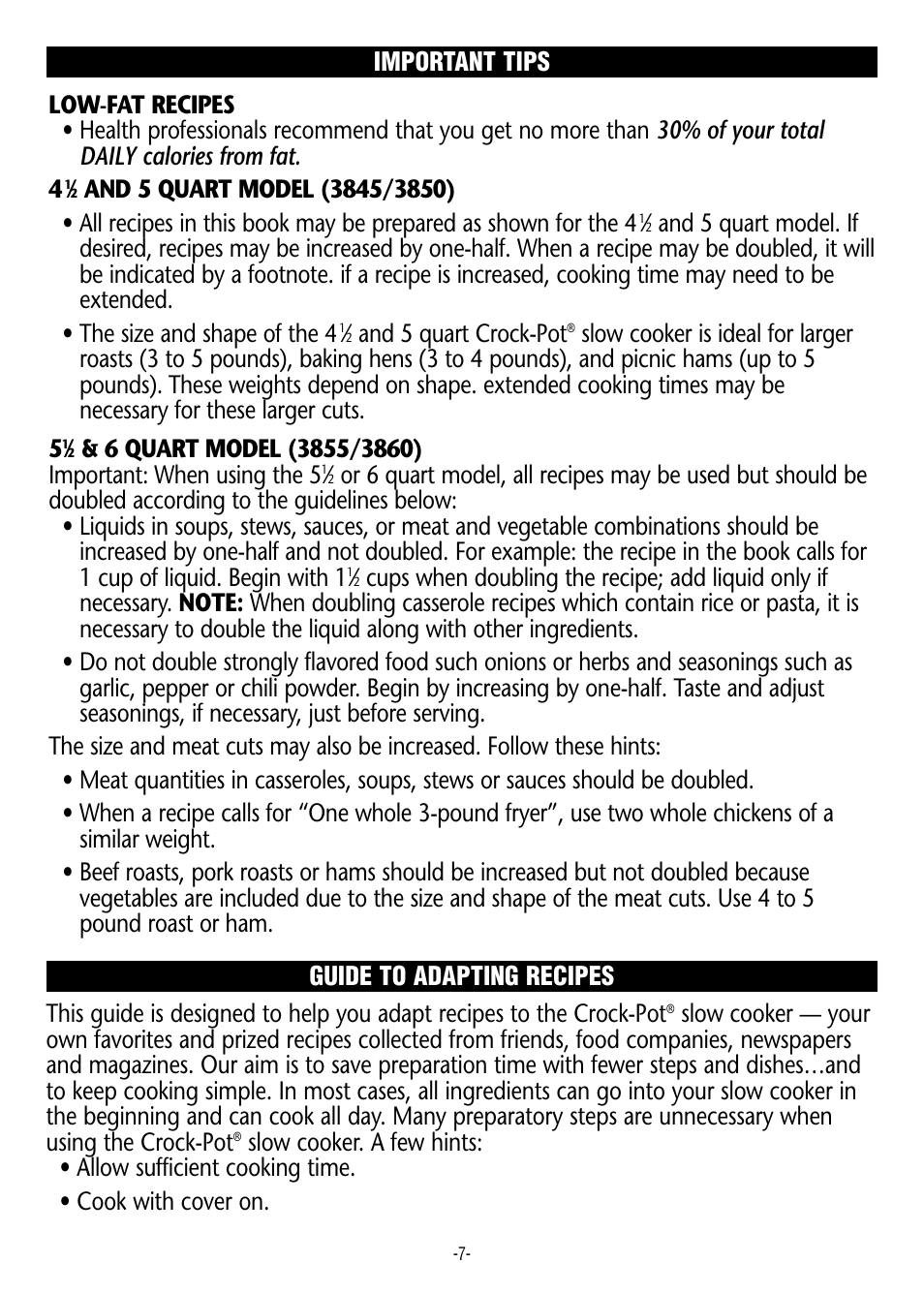 Guide to adapting recipes, And 5 quart crock-pot | Rival 3855 User Manual | Page 7 / 14