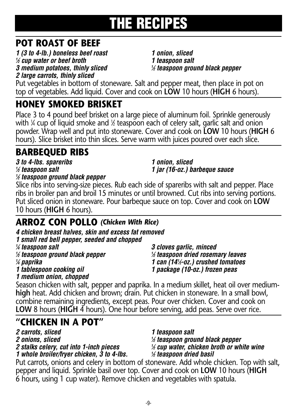 The recipes, Pot roast of beef, Honey smoked brisket | Barbequed ribs, Arroz con pollo, Chicken in a pot, Cup of liquid smoke and | Rival 3855 User Manual | Page 9 / 14