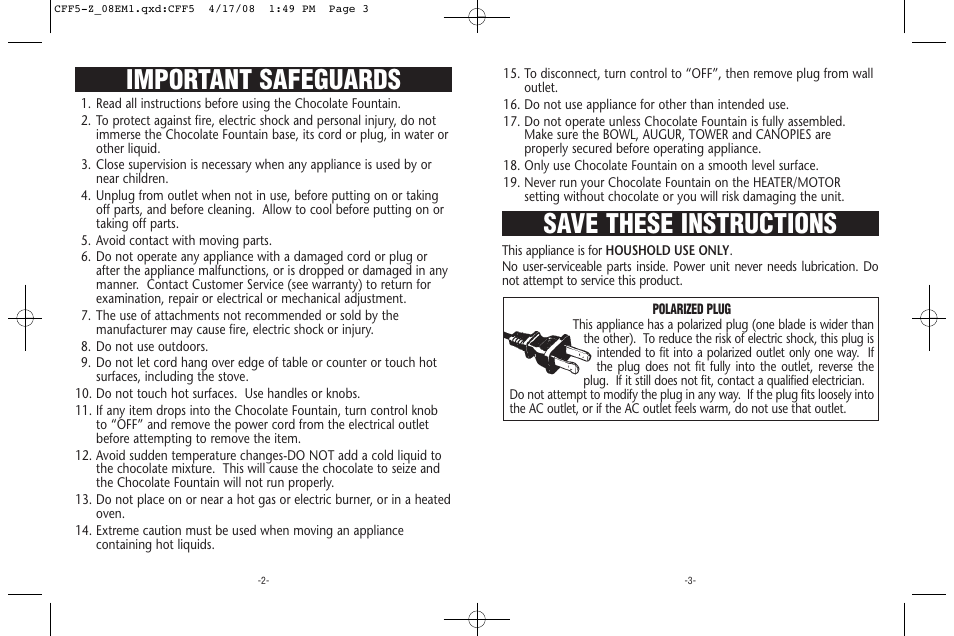 Important safeguards, Save these instructions | Rival CFF5-Z 08EM1 User Manual | Page 2 / 8