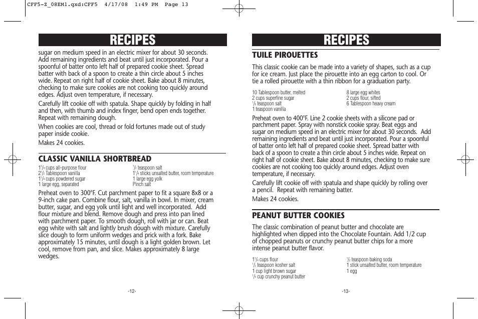 Recipes, Tuile pirouettes, Peanut butter cookies | Classic vanilla shortbread | Rival CFF5-Z 08EM1 User Manual | Page 7 / 8