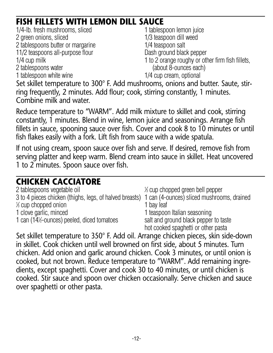 Fish fillets with lemon dill sauce, Chicken cacciatore | Rival S12P User Manual | Page 12 / 14