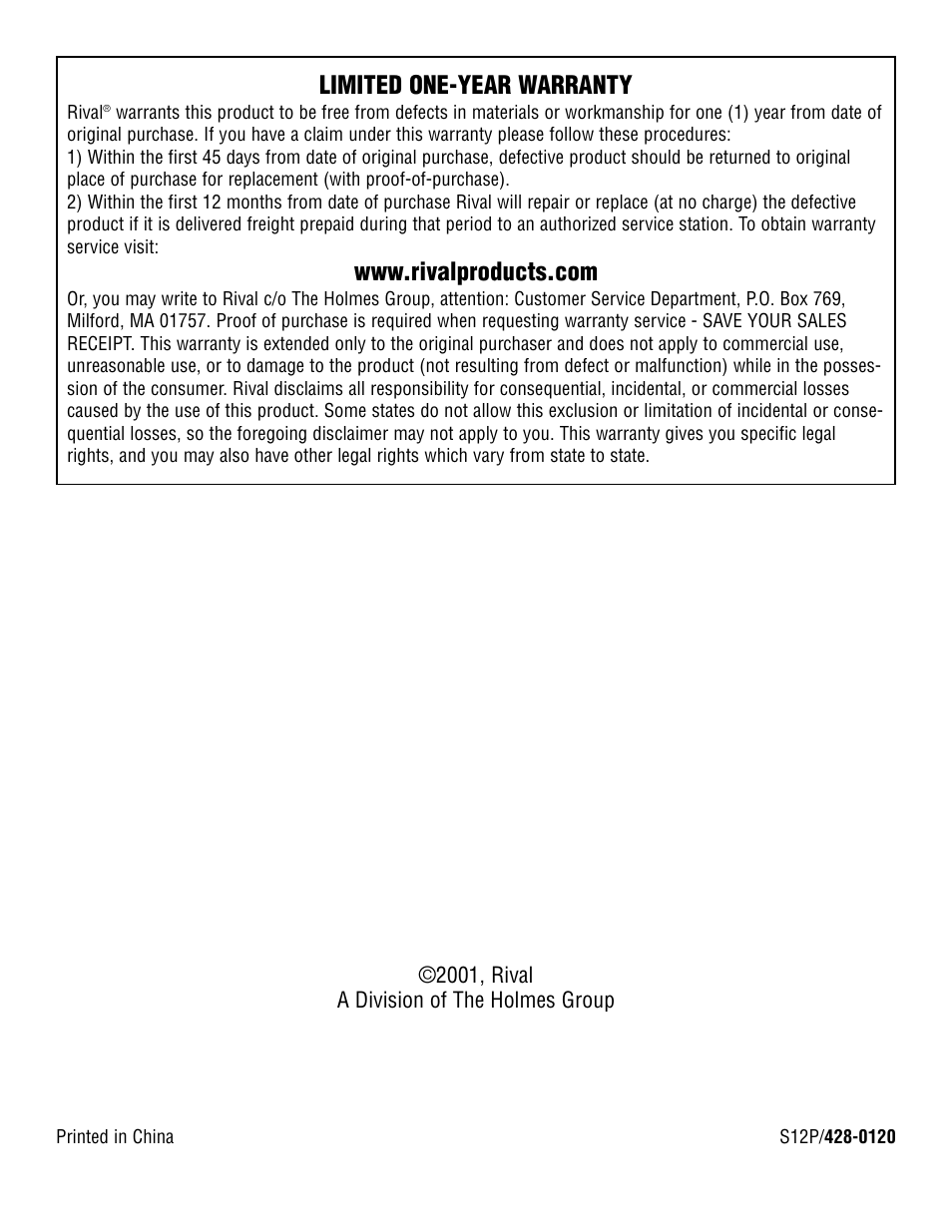 Limited one-year warranty | Rival S12P User Manual | Page 14 / 14