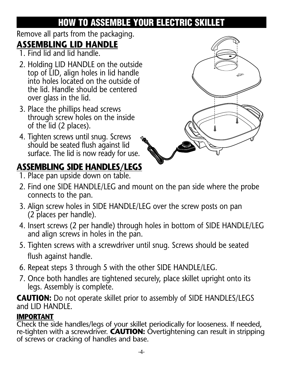 Assembling lid handle, Assembling side handles/legs, How to assemble your electric skillet | Remove all parts from the packaging | Rival S12P User Manual | Page 4 / 14