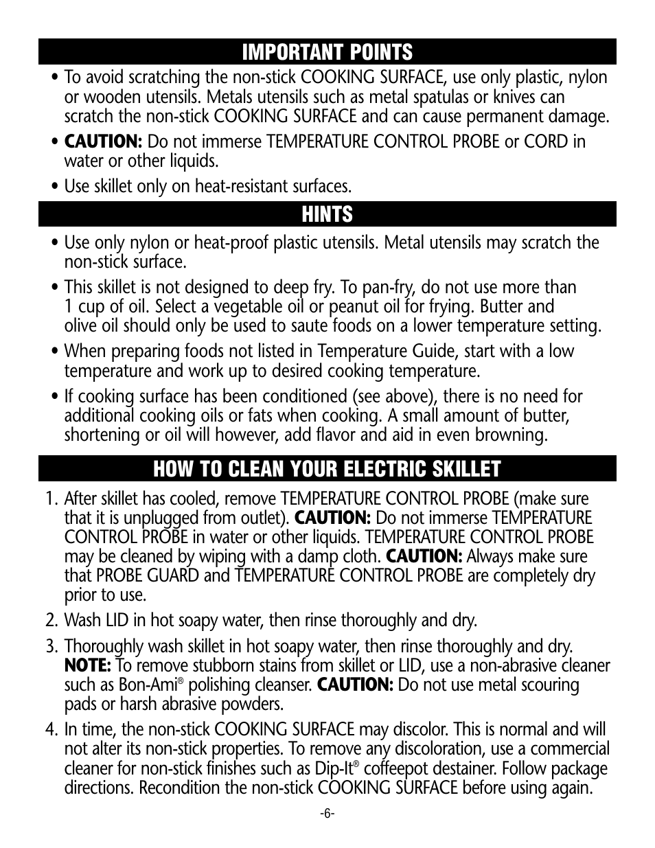 How to clean your electric skillet, Hints, Important points | Rival S12P User Manual | Page 6 / 14