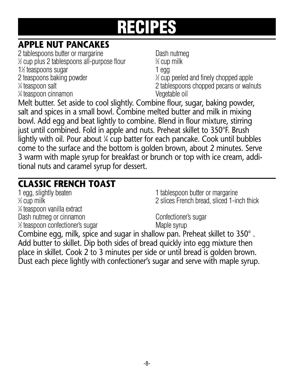 Recipes, Apple nut pancakes, Classic french toast | Rival S12P User Manual | Page 8 / 14
