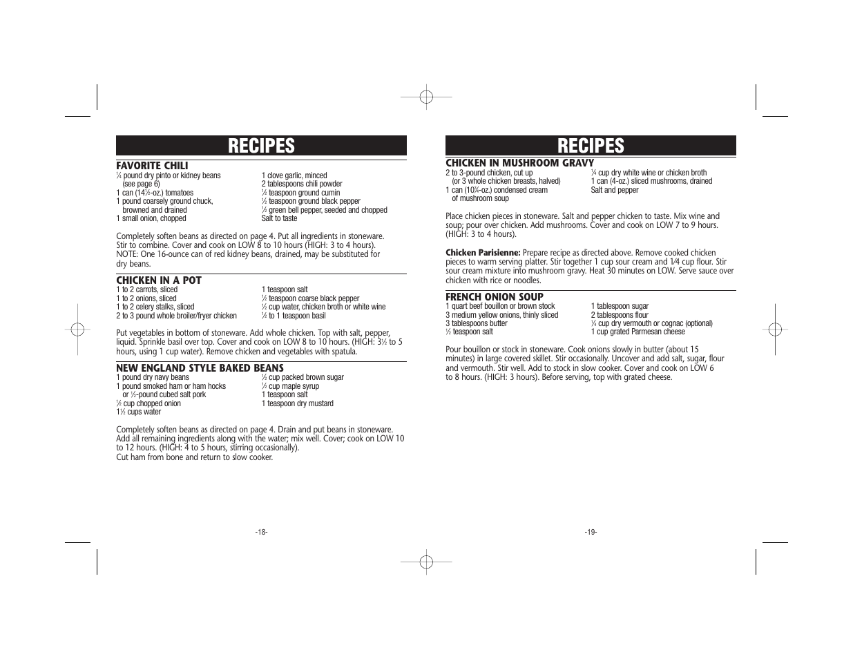 Recipes, Chicken in mushroom gravy, French onion soup | Favorite chili, Chicken in a pot, New england style baked beans | Rival 5050 WCN User Manual | Page 10 / 14