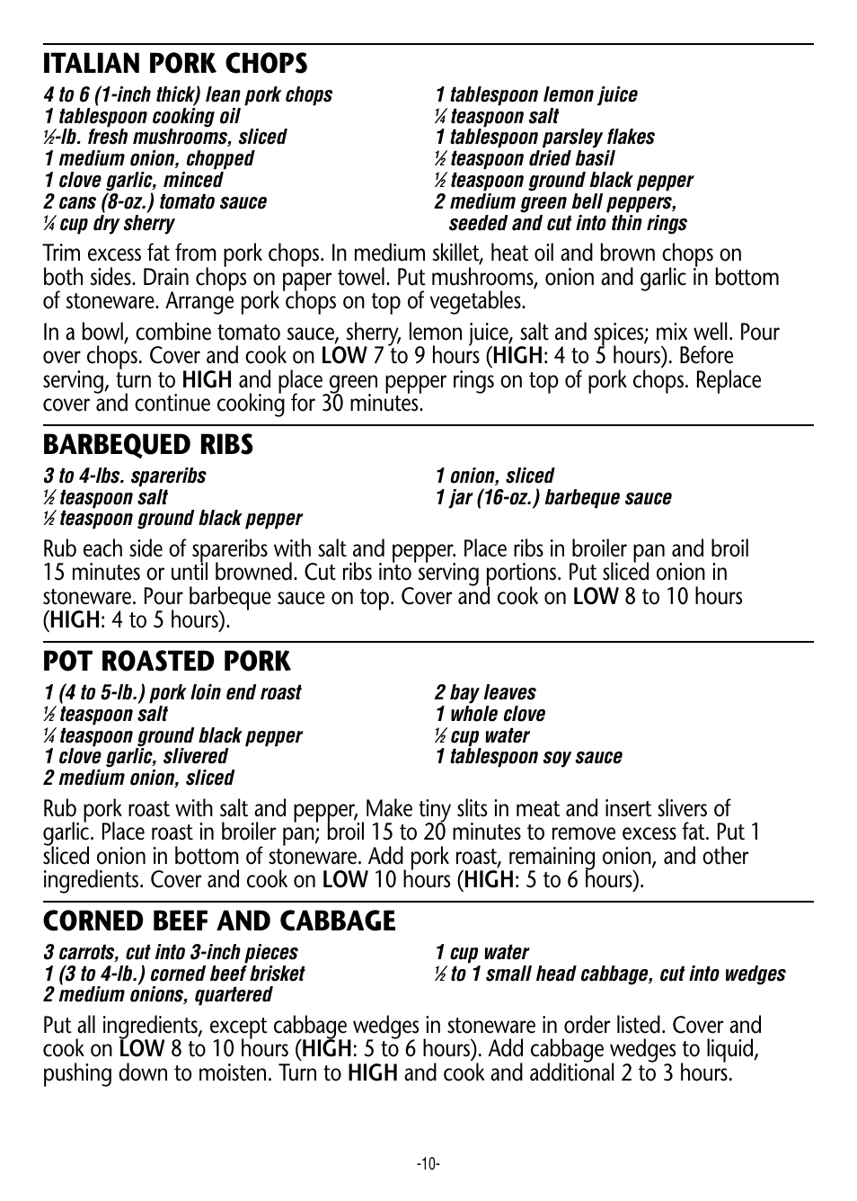 Italian pork chops, Barbequed ribs, Pot roasted pork | Corned beef and cabbage | Rival 3950 User Manual | Page 10 / 18