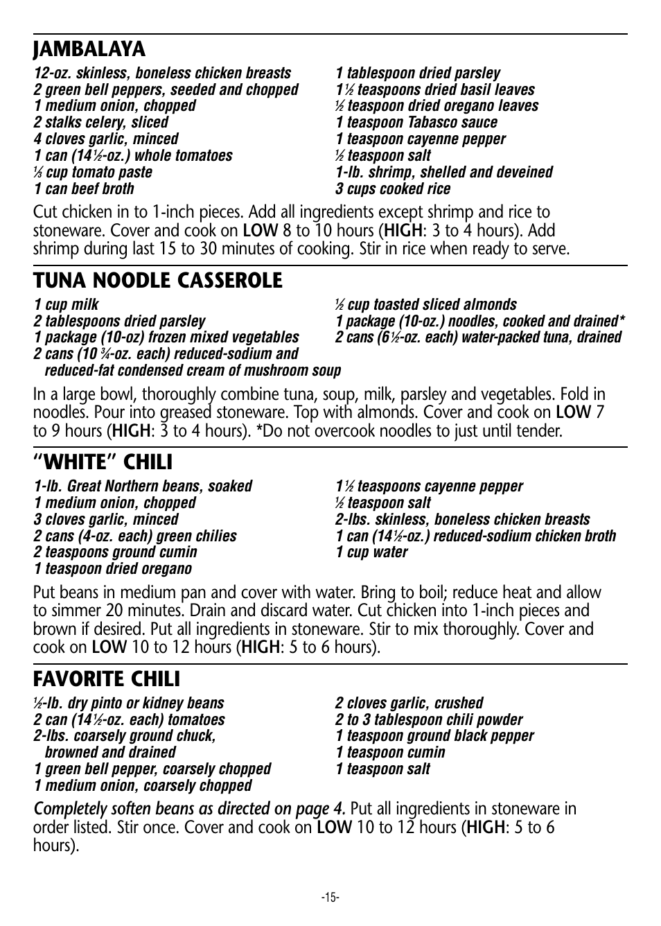 Jambalaya, Tuna noodle casserole, White” chili | Favorite chili | Rival 3950 User Manual | Page 15 / 18