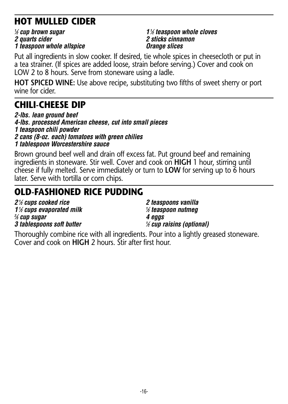 Hot mulled cider, Chili-cheese dip, Old-fashioned rice pudding | Rival 3950 User Manual | Page 16 / 18