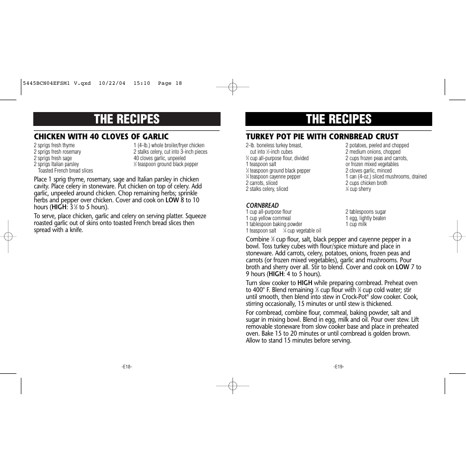 The recipes, Chicken with 40 cloves of garlic, Turkey pot pie with cornbread crust | Rival 5445 BCN User Manual | Page 10 / 37
