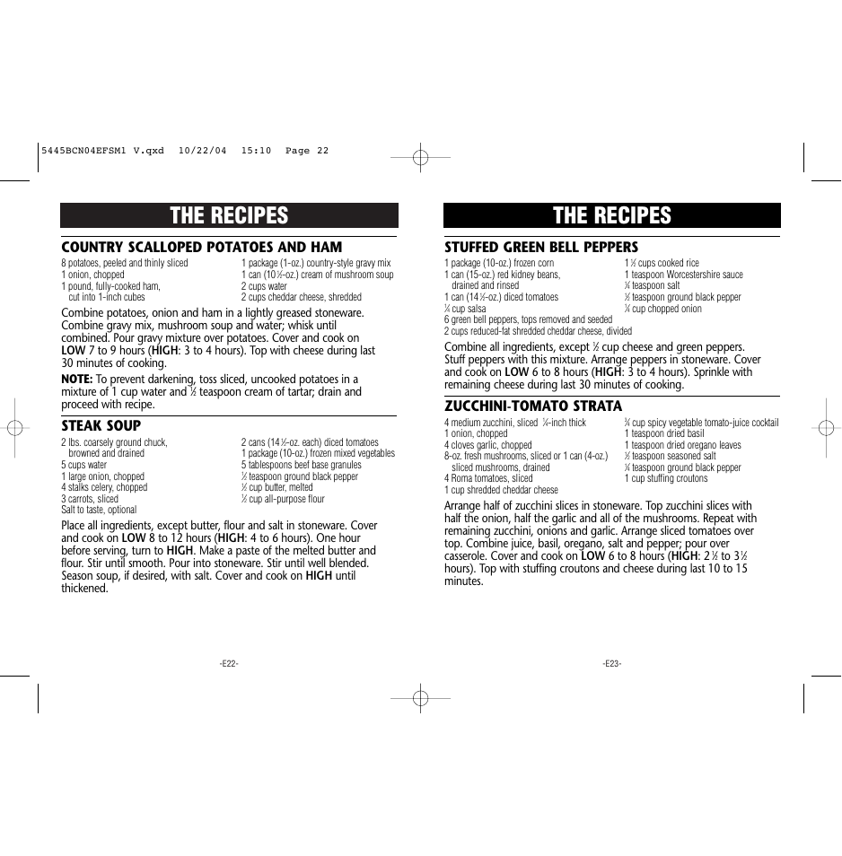 The recipes, Country scalloped potatoes and ham, Steak soup | Stuffed green bell peppers, Zucchini-tomato strata | Rival 5445 BCN User Manual | Page 12 / 37
