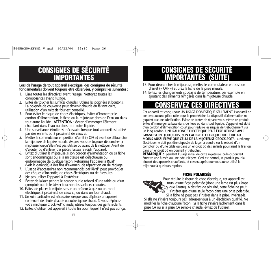 Consignes de sécurité importantes, Conservez ces directives, Consignes de sécurité importantes (suite) | Rival 5445 BCN User Manual | Page 14 / 37