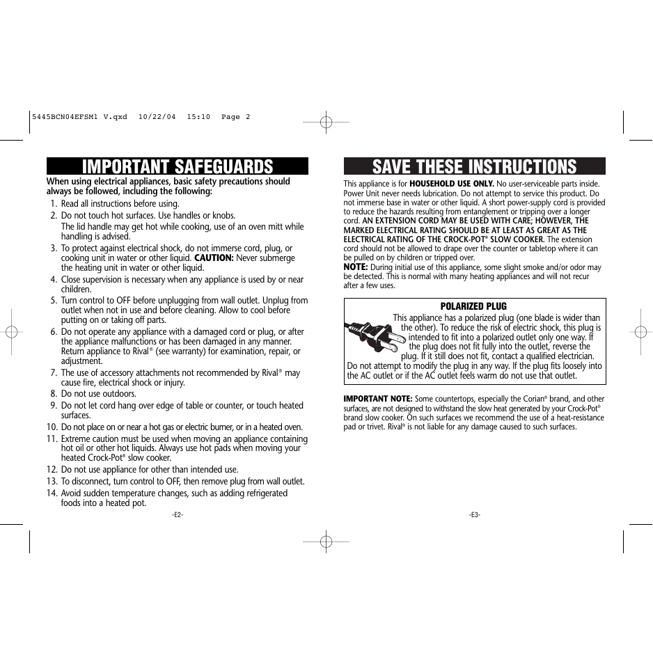 Save these instructions, Important safeguards | Rival 5445 BCN User Manual | Page 2 / 37