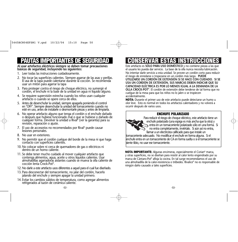 Conservar estas instrucciones, Pautas importantes de seguridad | Rival 5445 BCN User Manual | Page 26 / 37