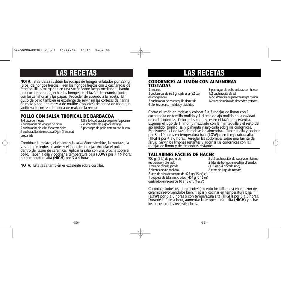 Las recetas, Pollo con salsa tropical de barbacoa, Codornices al limón con almendras tostadas | Tallarines fáciles de hacer | Rival 5445 BCN User Manual | Page 35 / 37