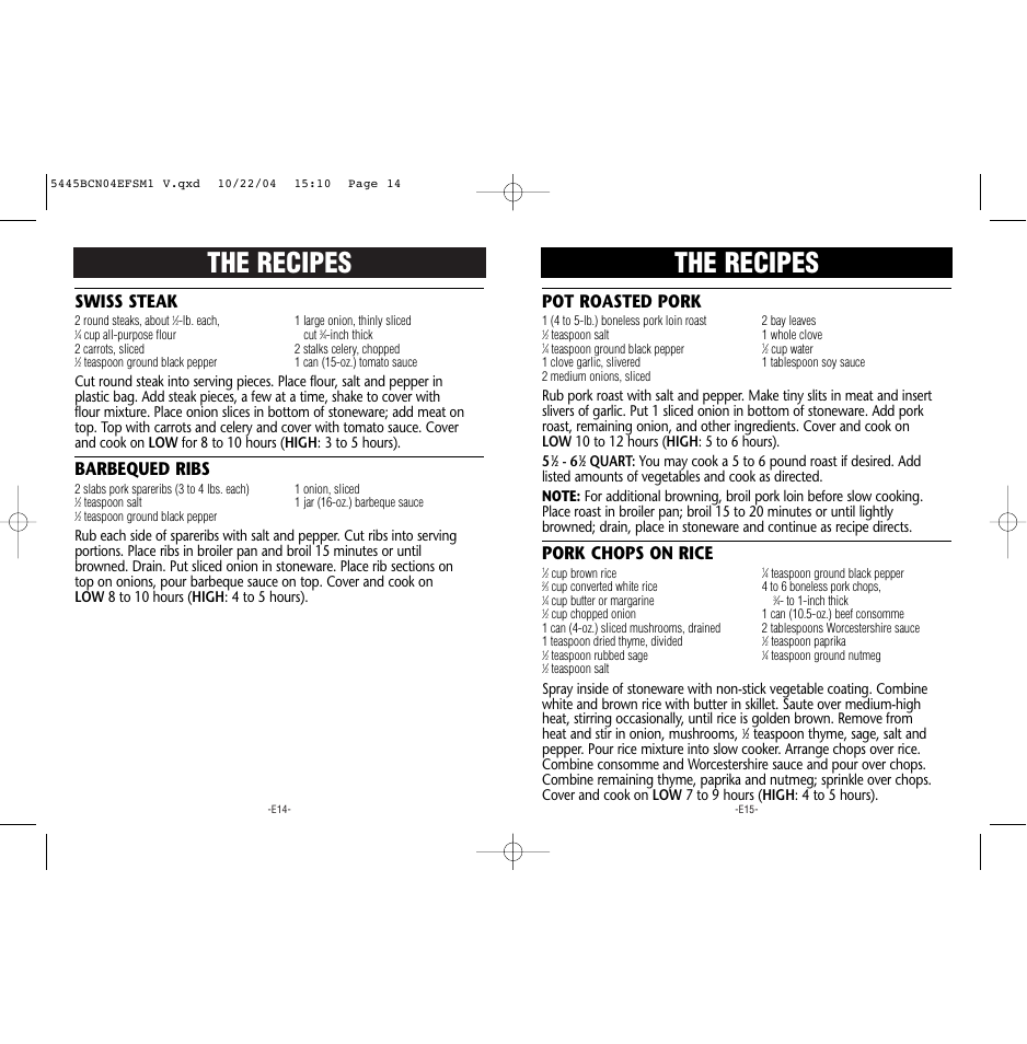 The recipes, Swiss steak, Barbequed ribs | Pot roasted pork, Pork chops on rice | Rival 5445 BCN User Manual | Page 8 / 37