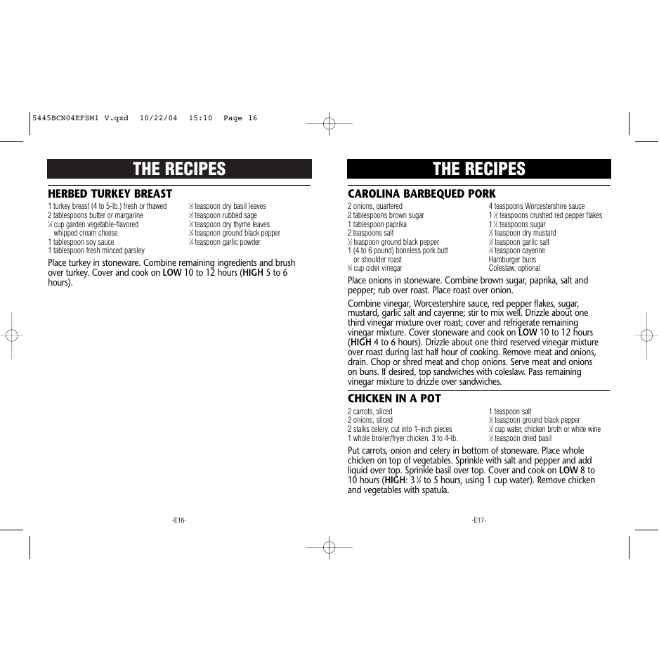 The recipes, Herbed turkey breast, Carolina barbequed pork | Chicken in a pot | Rival 5445 BCN User Manual | Page 9 / 37