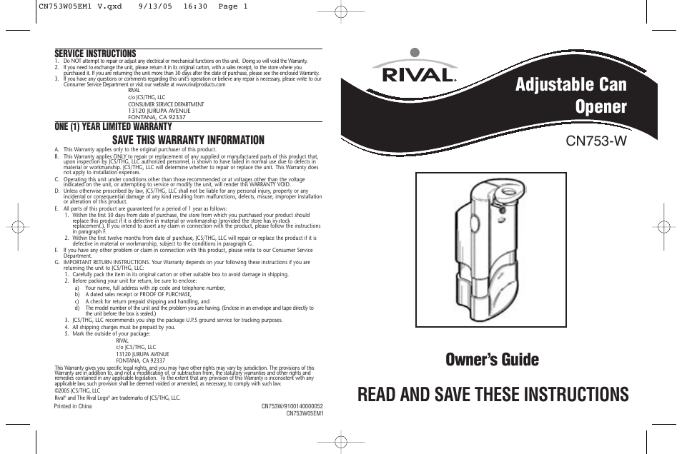 Rival CN753-W User Manual | 4 pages