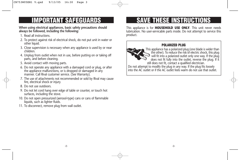 Important safeguards, Save these instructions | Rival CN753-W User Manual | Page 2 / 4
