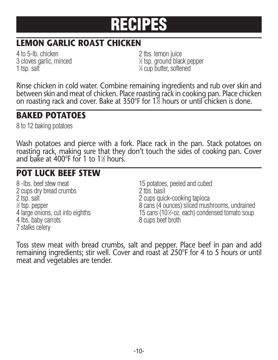 Recipes, Lemon garlic roast chicken, Baked potatoes | Pot luck beef stew, Hours or until chicken is done, Hours | Rival R0180BR-C User Manual | Page 10 / 16
