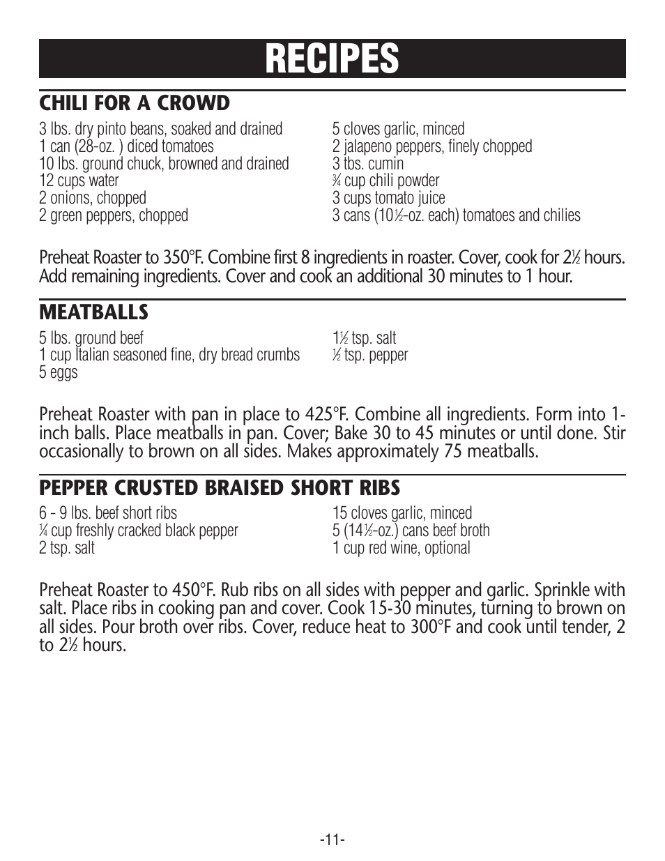 Recipes, Chili for a crowd, Meatballs | Pepper crusted braised short ribs, Hours | Rival R0180BR-C User Manual | Page 11 / 16