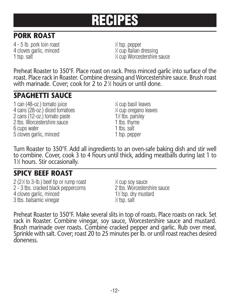 Recipes, Pork roast, Spaghetti sauce | Spicy beef roast, Hours or until done, Hours. stir occasionally | Rival R0180BR-C User Manual | Page 12 / 16