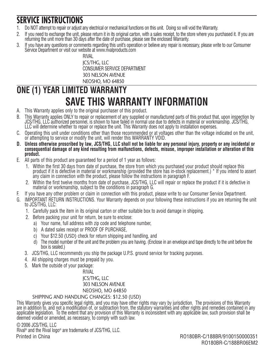 Save this warranty information, Service instructions, One (1) year limited warranty | Rival R0180BR-C User Manual | Page 16 / 16