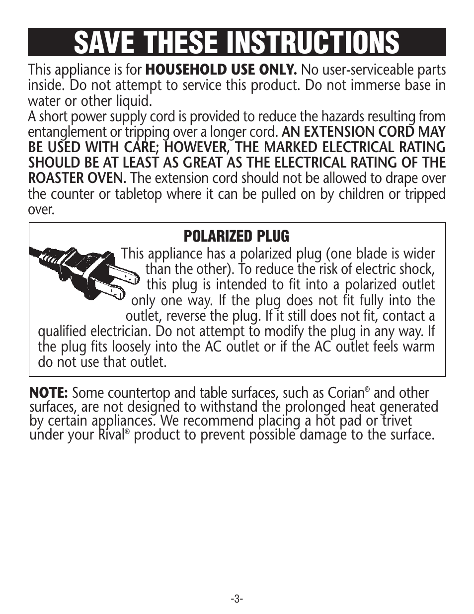 Save these instructions | Rival R0180BR-C User Manual | Page 3 / 16