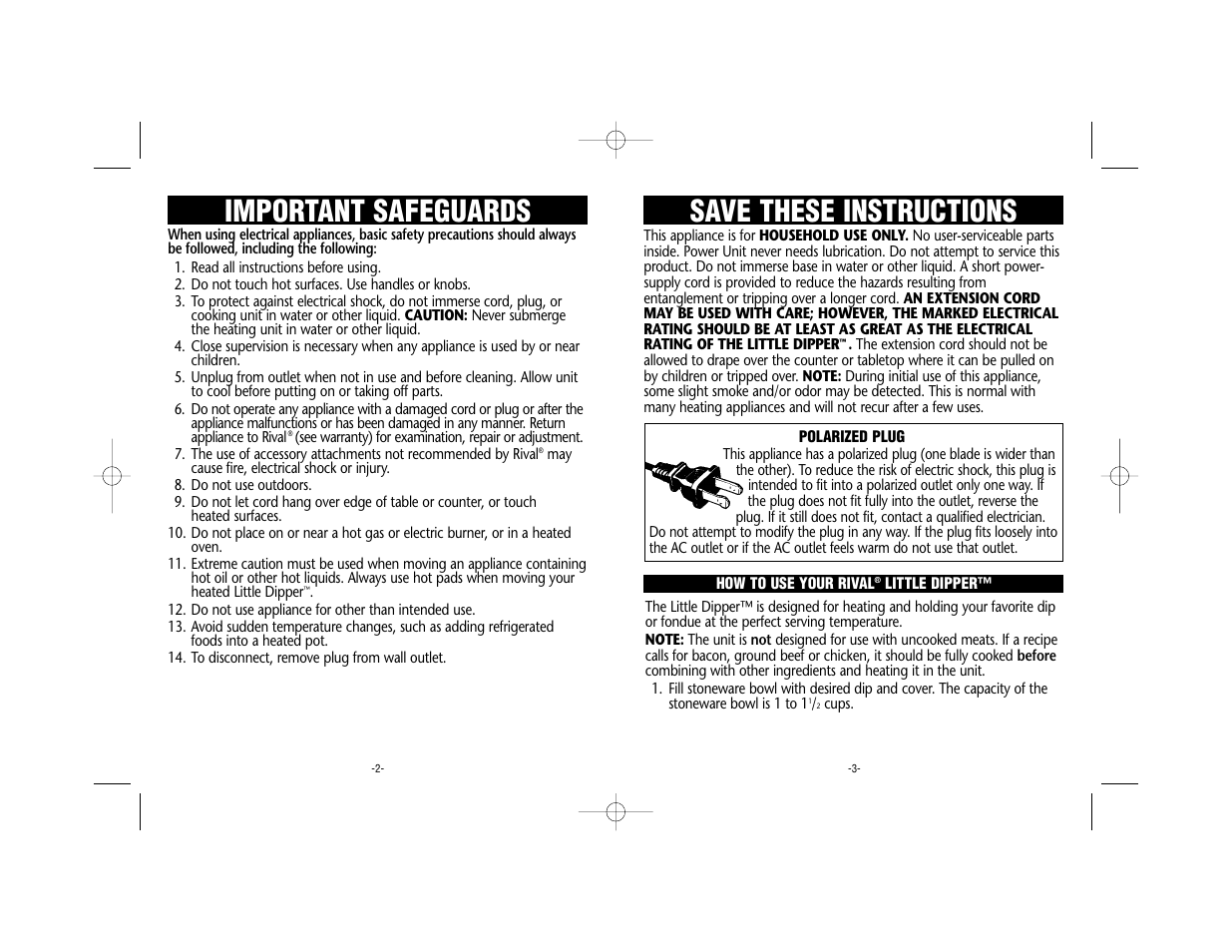 Save these instructions important safeguards | Rival 32041 C User Manual | Page 2 / 4