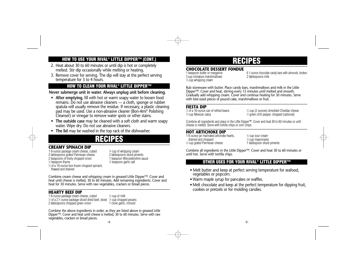Recipes, Chocolate dessert fondue, Fiesta dip | Hot artichoke dip, Little dipper, Creamy spinach dip, Hearty beef dip, Little dipper™ (cont.) | Rival 32041 C User Manual | Page 3 / 4