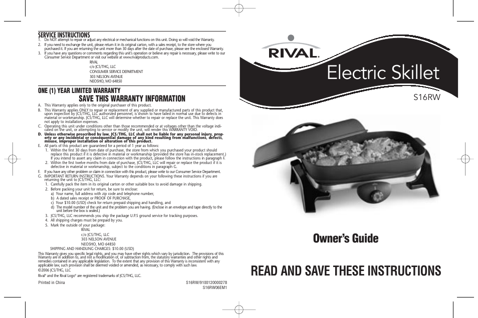 Rival S16RW User Manual | 8 pages