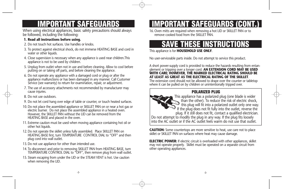 Save these instructions, Important safeguards (cont.), Important safeguards | Rival S16RW User Manual | Page 2 / 8