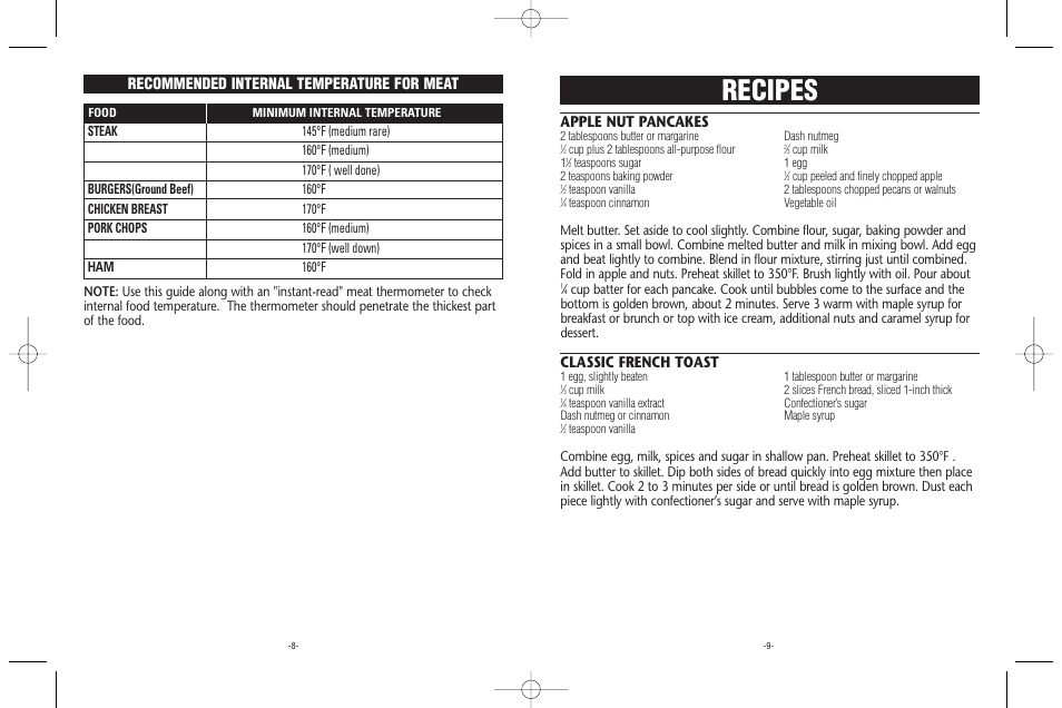 Recipes, Apple nut pancakes, Classic french toast | Recommended internal temperature for meat | Rival S16RW User Manual | Page 5 / 8