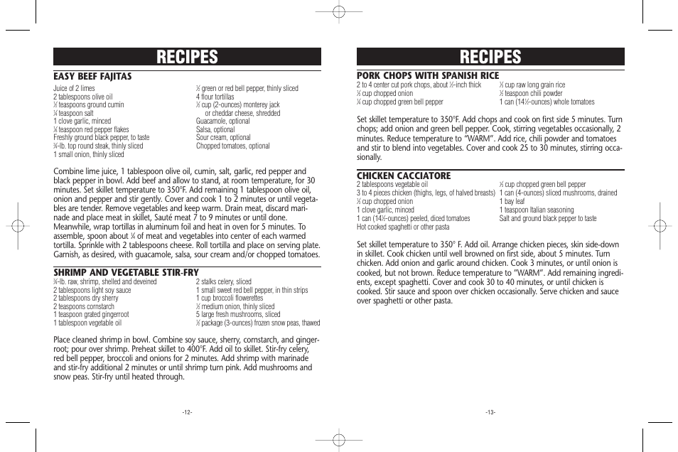 Recipes, Pork chops with spanish rice, Chicken cacciatore | Easy beef fajitas, Shrimp and vegetable stir-fry | Rival S16RW User Manual | Page 7 / 8