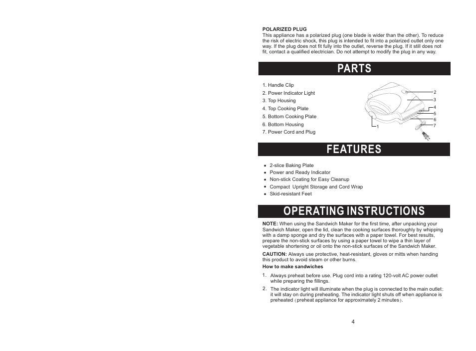 Parts, Features operating instructions | Rival DC-SWM169 User Manual | Page 4 / 7