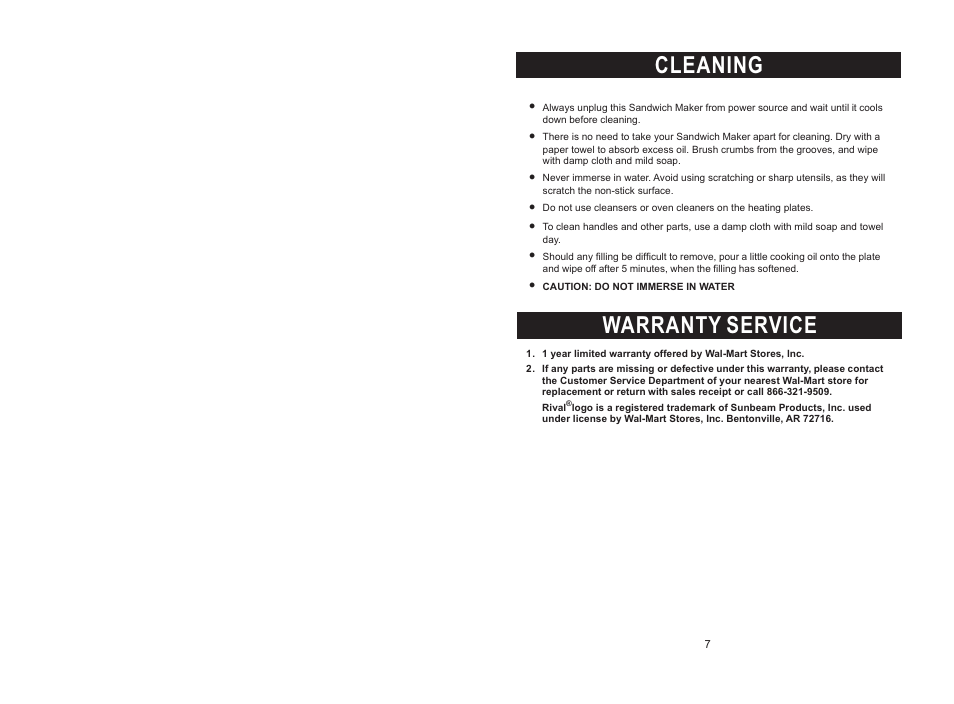 Cleaning warranty service | Rival DC-SWM169 User Manual | Page 7 / 7