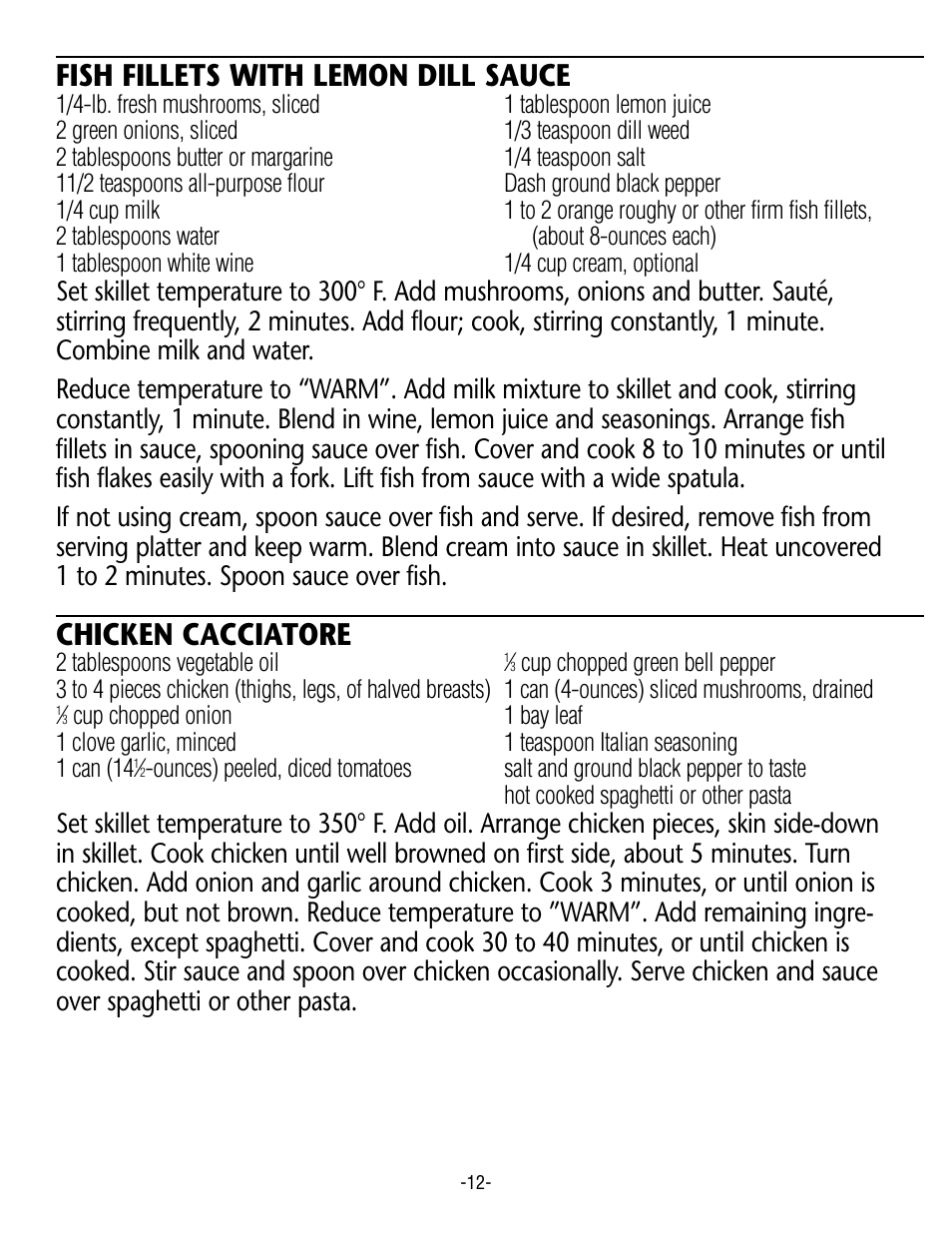 Fish fillets with lemon dill sauce, Chicken cacciatore | Rival S12 G User Manual | Page 12 / 14