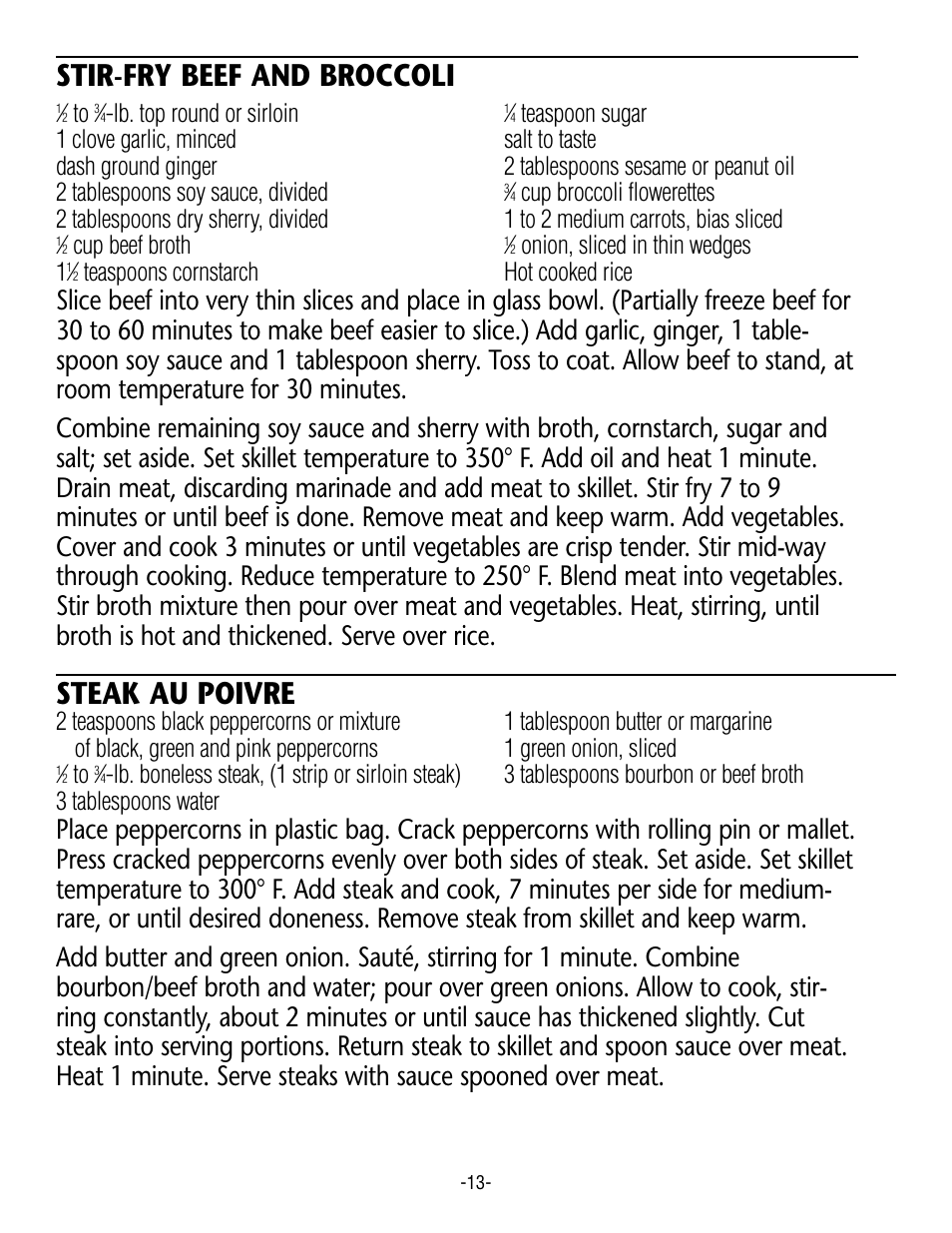 Stir-fry beef and broccoli, Steak au poivre, Lb. top round or sirloin | Cup beef broth, Onion, sliced in thin wedges 1, Teaspoons cornstarch hot cooked rice | Rival S12 G User Manual | Page 13 / 14