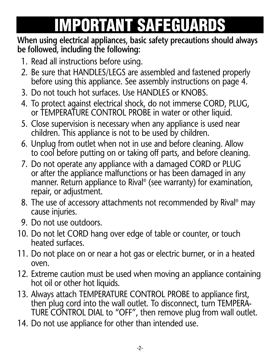 Important safeguards | Rival S12 G User Manual | Page 2 / 14